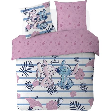 Disney - Housse de Couette Disney Angel & Stitch + Taie d'oreiller 63x63 cm - 100% Coton - Rose - 240x220cm