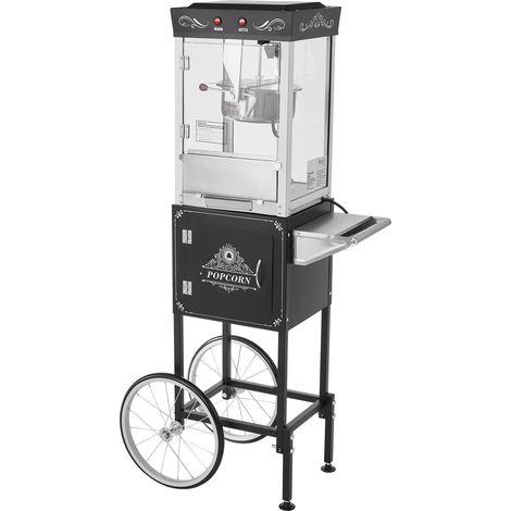Machine à pop-corn professionnelle avec chariot, cuve inox 0,2 kg, 800 W, 48 tasses, panneau à 2 boutons, porte polycarbonate, noir. (1/5)