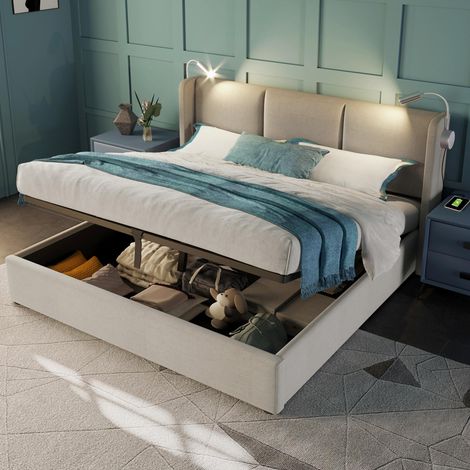 Polsterbett 140x200cm, Doppelbett mit Kopfteil, Lattenrost, Leselampe mit USB-Aufladung, Stauraum, Bettrahmen, Polsterbett, Jugendbett - Beige (1/5)