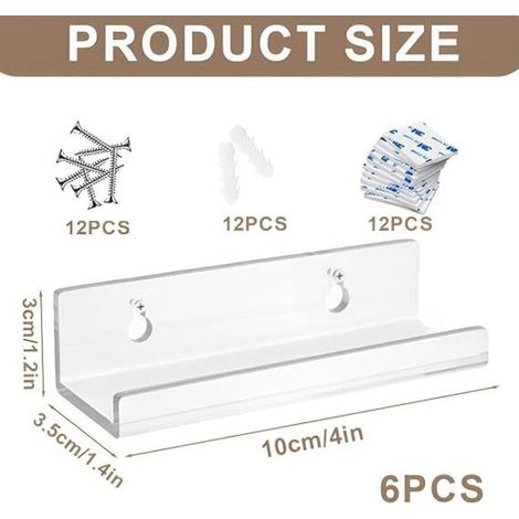Lot de 6 Support Vinyle Mural en Acrylique Transparent, Etagere Transparente, Petite Etagere Murale, Étagère Murale Flottantes pour Vinyle, Panneaux, Photos, Livres (10 x 3,5 x 3 cm) (1/3)
