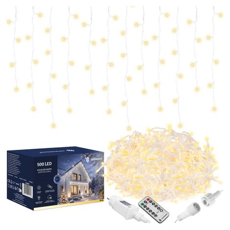 Tendina luminosa con telecomando 500 luci a led, luci interne ed esterne palline bianche calde. (1/5)