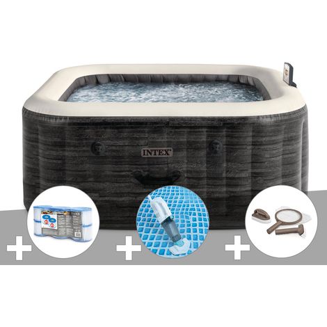 Kit spa gonflable Intex PureSpa Ardoise carré Bulles 4 places + 6 filtres + Aspirateur + Kit d'entretien