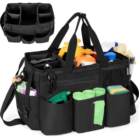 Sac de Nettoyage avec Séparateurs Amovibles, Organisateur de Nettoyage Portable avec Poignées et Bandoulière Réglable, Sac Fourre-tout de Nettoyage pour Maison, Femmes de Ménage, Noir (Grande) (1/5)
