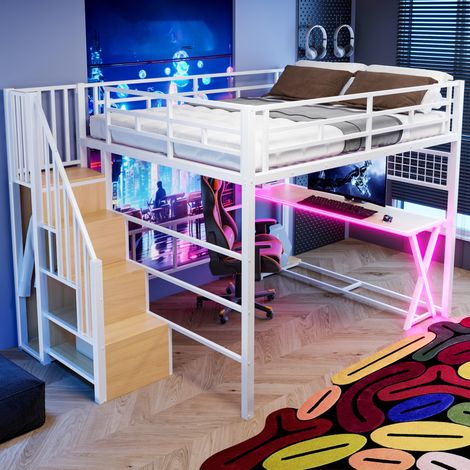 MODFU – Cama alta para adultos 160x200 cm de metal y MDF con LED, escritorio, armario, escalera de almacenamiento, carga 150 kg y 4 paquetes – Blanco (1/5)