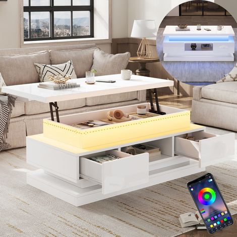 Table basse réglable 100x50x40 cm - Table LED laquée avec 2 tiroirs et espace de rangement caché, table moderne pour salon, table de canapé, table basse blanche (1/5)