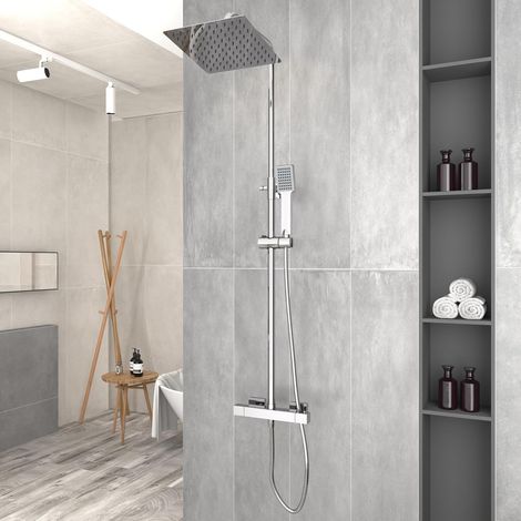 Colonne de Douche avec mitigeur thermostatique Chrome, 8In Douche de tête Carré, Douche à main, RéGlable en Hauteur Système de douche (1/5)