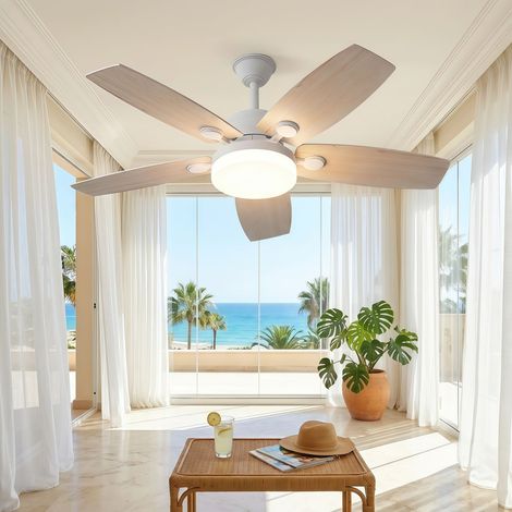 Ventilateur de Plafond Ø106cm avec Lampe LED Télécommande Silencieux 6 Vitesses Plafonnier Ventilateur Été Hiver 5 Pales en Bois Naturel (1/5)