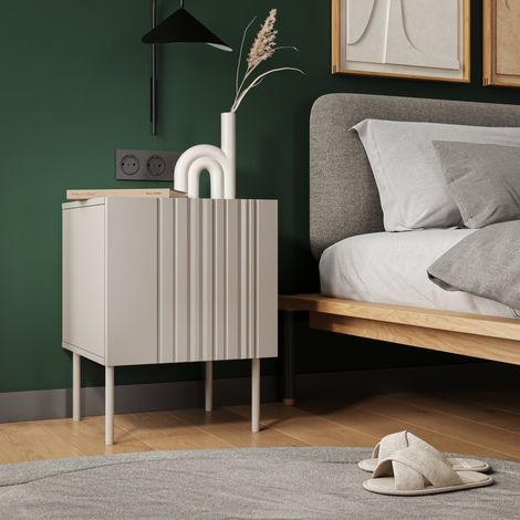 Mesita de noche Russinem, cajones, un estante, puerta abatible, 59x42x44.5h cm beige (1/4)