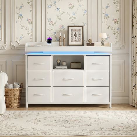 Commode Bois avec 8 tiroirs – Commode chambre avec bande LED RGB et ports USB intégrés, structure en métal – Design scandinave, Blanc