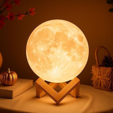 Veilleuse en forme de lune, jaune, 12 cm, lampe de chevet rechargeable, motif lune et ciel étoilé. (1/5)