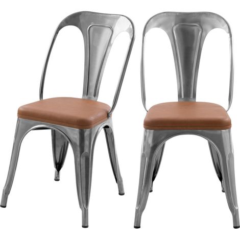 Lot de 2 chaises en métal chrome et cuir synthétique marron - CHARLY