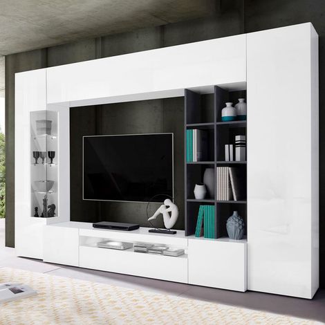 Ensemble de meubles de salon blanc anthracite – Vitrine 190 cm – Meuble TV 200 cm – Design moderne en bois certifié FSC – Facile à monter