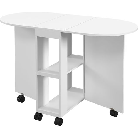 Table pliante sur roulettes 4 personnes 2 abattants étagères 120x60x77cm blanc