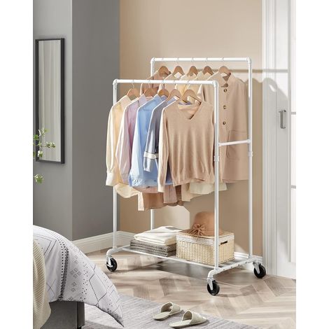 Songmics – Portant à vêtements sur roulettes – Double tringle – Étagère de rangement – Charge 110 kg – Acier blanc – HSR060W01