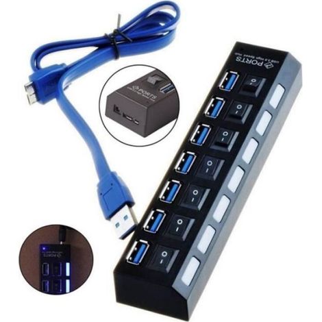 Multiprise USB 3.0 avec 7 ports avec indicateur LED et interrupteurs individuels pour economiser l'énergie (1/4)