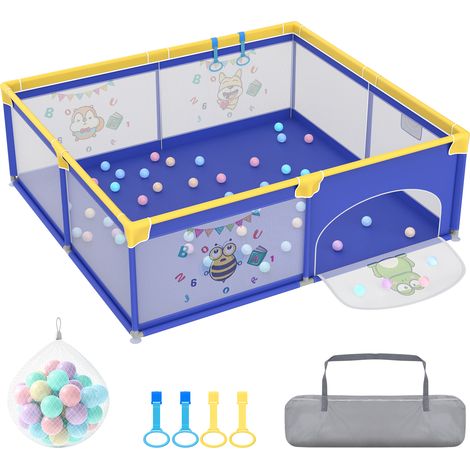 HENGMEI 180x150cmx68cm Parc pour bébé Parc pliable Parc pour enfant Parc pour bébé Playpen avec 50 balles océan, bracelet d'entraînement, filet respirant & sac à main- animal bleu (1/5)