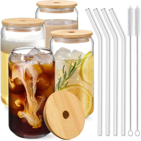 Verre À Boisson - 16 Oz - Forme Canette - Avec Couvercle En Bambou Et Paille En Verre - Lot De 4 Pièces (1/5)