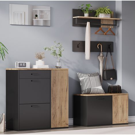 Mueble recibidor con zapatero banco y espejo natural OKMYHOME (1/5)