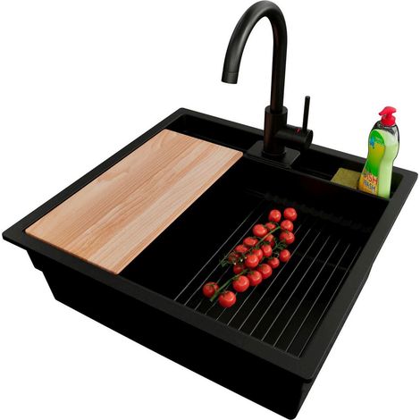 PRIMAGRAN Evier Sous Plan 56x54cm,Evier en Granit 1 bac + Robinet 32x20cm + Kit de Vidage + Accessoires, Évier au meuble 60cm - Bergen Pocket, Tout Noir
