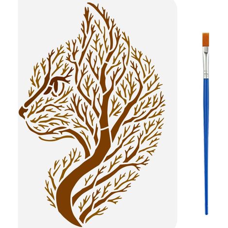 Pochoir de Chat Branche Avec Pinceau Pochoirs Réutilisables en Plastique pour Dessin de Chat Format 29.7x21cm pour Décor D'Intérieur DIY Motif Animal pour Peinture sur Bois Mur Sol Tissu (1/5)
