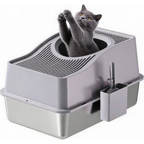 Litière pour Chat en Acier Inoxydable fermée, Grande litière Anti-odeurs avec Couvercle et Plateau filtrant Le Sable, Bord de 15 cm de Haut et Pelle Facile à Nettoyer, 60 x 40 x 34,5 cm, Gris (1/5)
