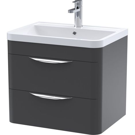 Nuie Parade Soft Black 600mm Wall Hung 2 Drawer Vanity Unit and Polymarble Basin - FPA1402