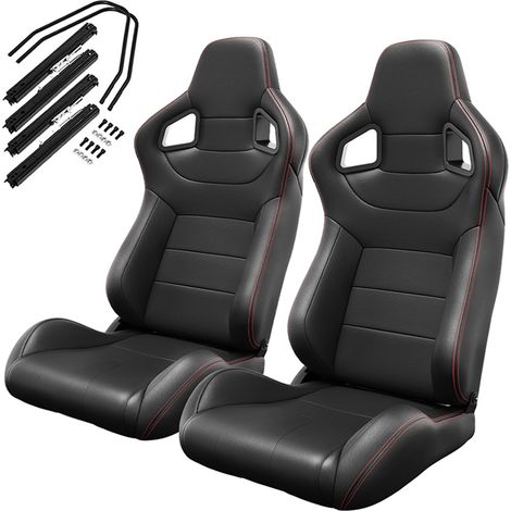 2 sedili baquet universali neri con cuciture rosse in PVC reclinabili effetto carbonio con guide (1/5)