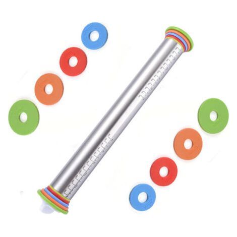 Adjustable rolling pin with thickness ring, suitable for baking, made of stainless steel. (1/5)
