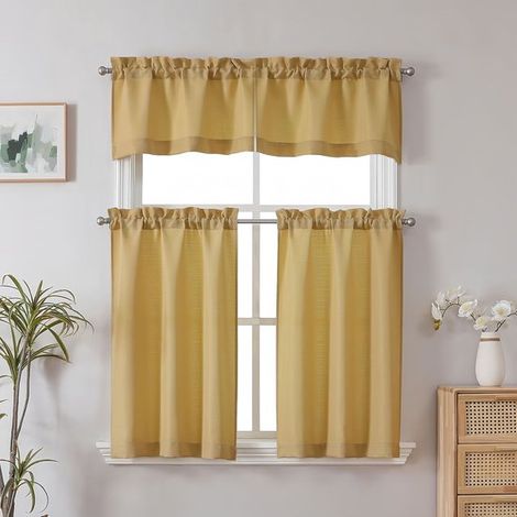 Set di 3 tende da cucina in lino dorato, 75x36 cm e 76x114 cm (1/5)