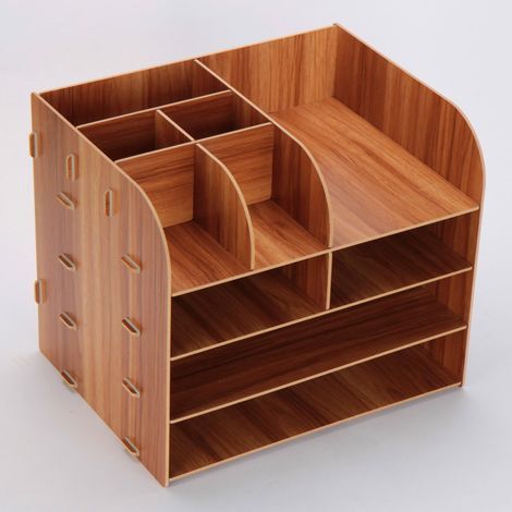 Organisateur de bureau en bois, étagère de rangement multifonctionnelle de bureau de bricolage, étagère de rangement de magazines pour documents de lettre de fichier pour le bureau, la maison et l\'éc (1/5)
