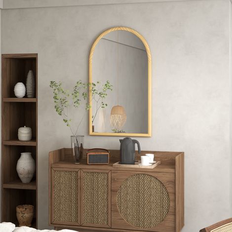 Miroir mural arche, 110 x 65 cm Cadre en bois, Miroir arqué pour le salon, la chambre, l'entrée, bois naturel