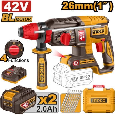 MARTELLO DEMOLITORE 26MM 42V 4 FUNZIONI CON 2 BATTERIE INGCO