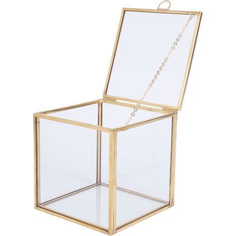 Geometrische, vergoldete Messingdose mit Sukkulenten und einer Mikrolandschaft unter einer Glasglocke, 10 × 10 × 10 cm