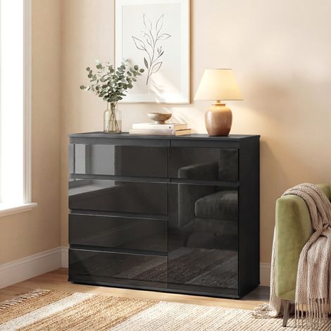 Modernes Sideboard, Stauraum-Sideboard mit 5 Schubladen, verstellbarem Regal, Soft-Close-Tür, Schwarz Hochglanz