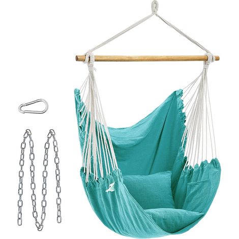 Fauteuil suspendu chaise suspendue déco maison cocooning balançoire siège avec 2 coussins chaîne en métal capacité 150 kg intérieur extérieur salon chambre turquoise (1/4)