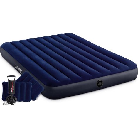 Intex 64765 - Materasso Gonfiabile Classic Downy Matrimoniale, Due Cuscini e Pompa Manuale, PVC, Blu, 152x203x25 cm (1/5)