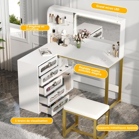 Coiffeuse avec miroir led, Coiffeuse avec Miroir et Tabouret – Design Blanc en L, Parfaite pour Votre Coin Beauté — vue 4
