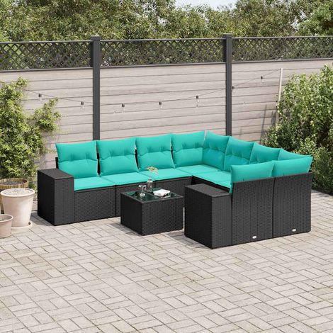 Teenpull – 9-teiliges Gartensofa-Set mit Kissen, schwarzes Polyrattan (1/5)