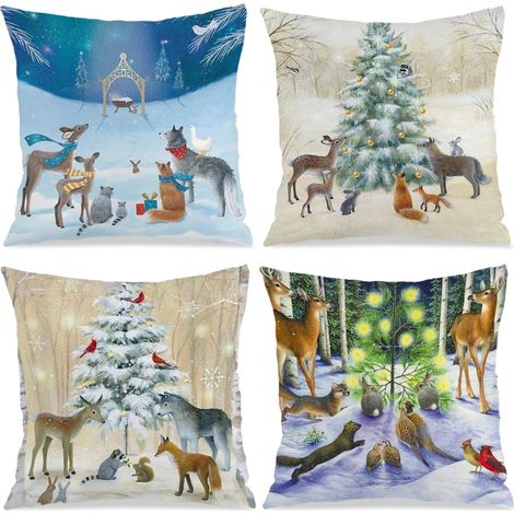 Filiyano-Lot de 4 coussins décoratifs carrés à motifs hivernaux (45 x 45 cm) pour canapé, lit, fauteuil, style champêtre. (1/5)
