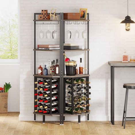 Tribesigns Weinregal Freistehender Boden,4-stöckiges Eck-Weinregal mit Glashalter & Weinaufbewahrung, industrielles Weinregal Weinbar Schrank für Bar, Küche, Esszimmer, Grau