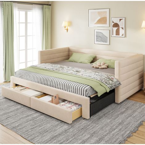 DESVIAE Lit banquette rembourré 3 en 1 extensible avec tiroirs 90 x 190 cm transformable en lit double 180 x 190 cm beige en coton et lin avec sommier à lattes (1/5)
