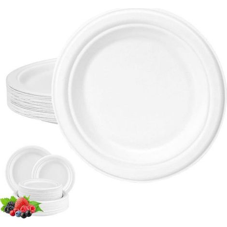 50 Assiettes jetables, fibre de canne à sucre, 15cm, résistantes micro-ondes, biodégradables, pour pique-nique (1/5)