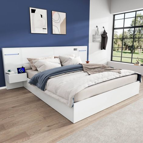 Lit double 160x200 cm bois blanc avec chevets, usb, horloge bluetooth, led et sommier inclus (1/5)