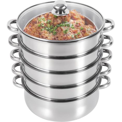 Ensemble de cuiseur vapeur 5 étages avec couvercle en verre ventilé et finition miroir polie pour plaques à induction, vitrocéramiques, fours électriques ou cuisinières à gaz (1/5)