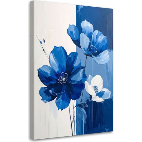 Quadro su tela, Fiori blu e bianchi in una composizione decorativa - 40x60 (1/2)