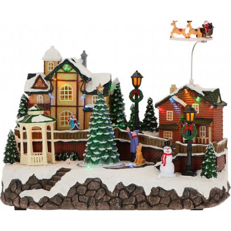 Scena animata per villaggio di Natale con babbo con slitta e personaggi decorazione da interno