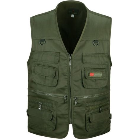 Gilet de pêche homme zip décontracté vert 2XL, veste de travail à poches zippées, tenue de loisirs taille large (1/5)