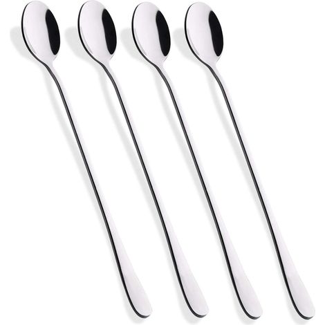 Cuillère à thé glacé à long manche de 23 cm, cuillère à glace, cuillère à cocktail en acier inoxydable, ensemble de 4 pièces
