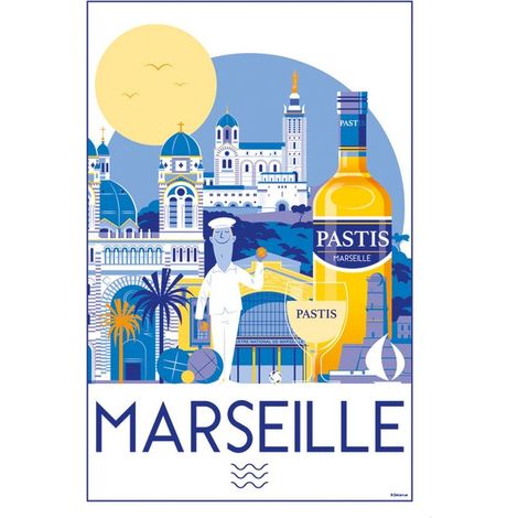 Torchon de Cuisine en Coton Blanc 48 x 72 cm Essuie-Vaisselle Absorbant Motif Marseille - PANGIVO