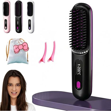 Cocoony Styling Brush for Short Hair, Portable Cordless Rechargeable Straightening Brush with LED Screen, 3 Modes, for Daily Styling & Travel (Black)